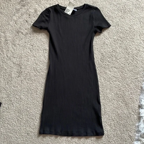 hm black bodycon dress H&M black thin ribbed tank body-cone midi dress side split Sz XS